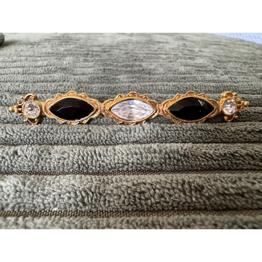 Vintage Style Gold Tone Bar Brooch Pin Faux Black White Gem Elegant Jewelry